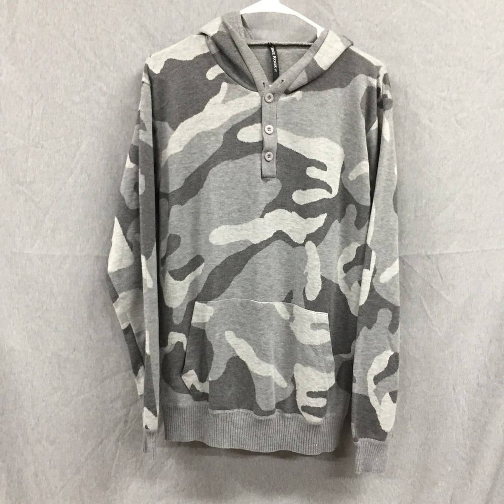 True Rock Mens Grey Camo Henley Hoodie Sweater XL Camouflage Knit Pullover